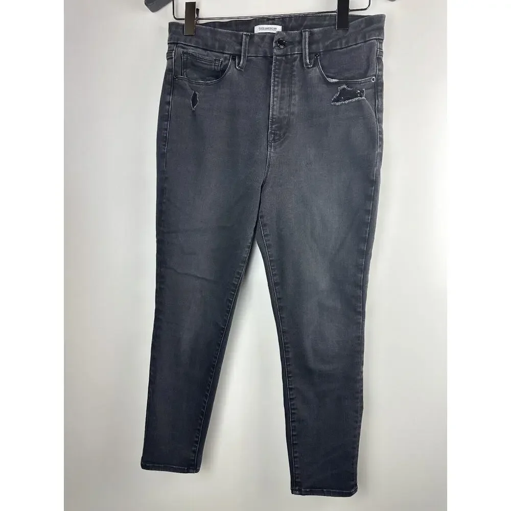 Good American Good Waist Ripped High Waist Crop Jeans Distressed Black Size 14 - Picture 2 of 12